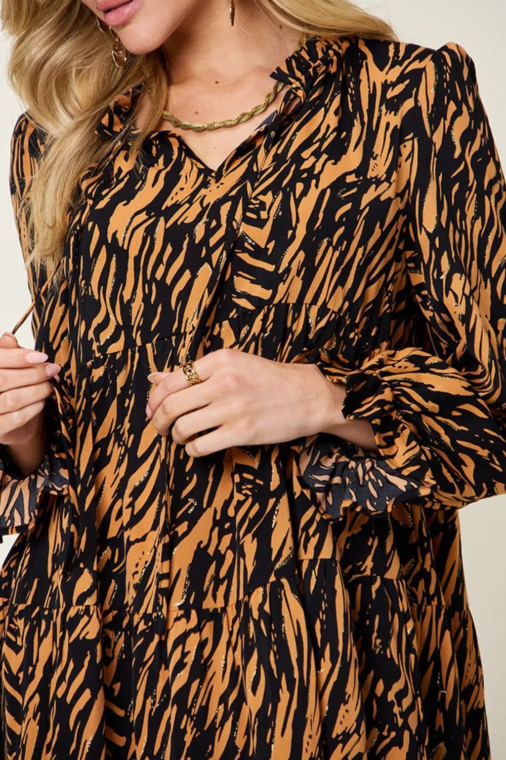 Double Take Full Size Printed Ruffle Hem Long Sleeve Dress - Desert Sunday