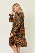 Double Take Full Size Printed Ruffle Hem Long Sleeve Dress - Desert Sunday