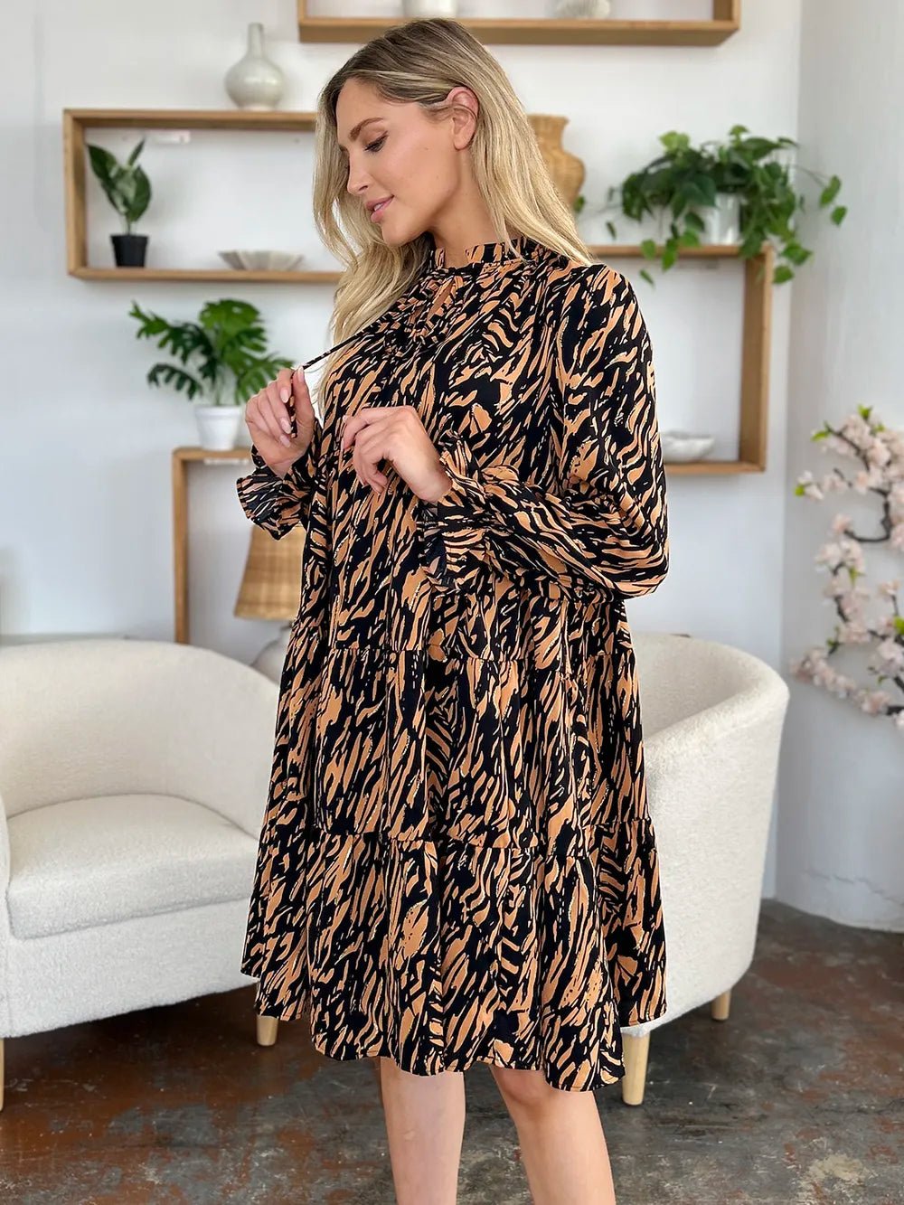Double Take Full Size Printed Ruffle Hem Long Sleeve Dress - Desert Sunday