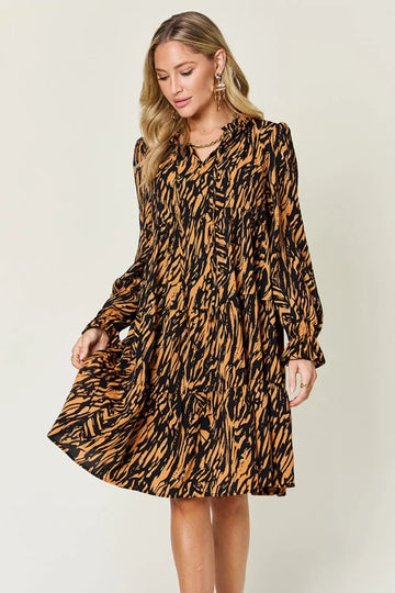 Double Take Full Size Printed Ruffle Hem Long Sleeve Dress - Desert Sunday