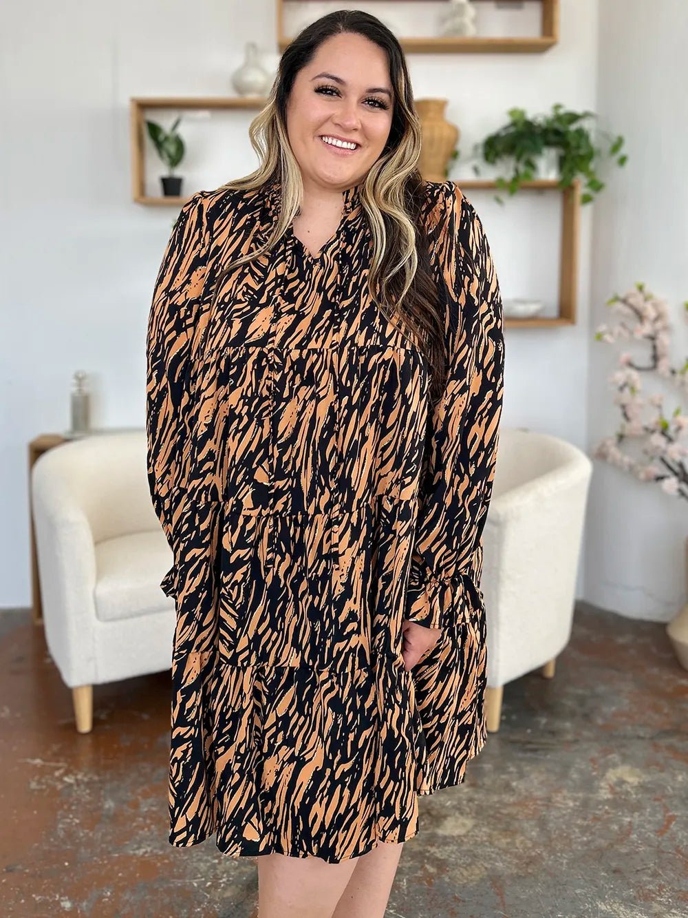 Double Take Full Size Printed Ruffle Hem Long Sleeve Dress - Desert Sunday