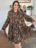 Double Take Full Size Printed Ruffle Hem Long Sleeve Dress - Desert Sunday