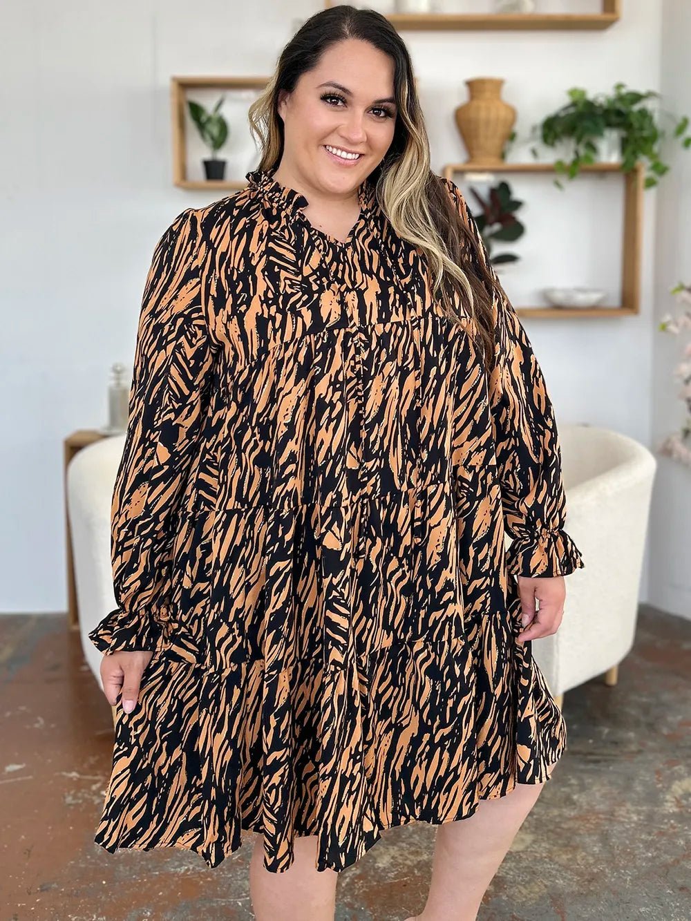 Double Take Full Size Printed Ruffle Hem Long Sleeve Dress - Desert Sunday