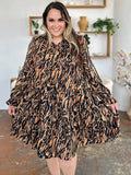 Double Take Full Size Printed Ruffle Hem Long Sleeve Dress - Desert Sunday