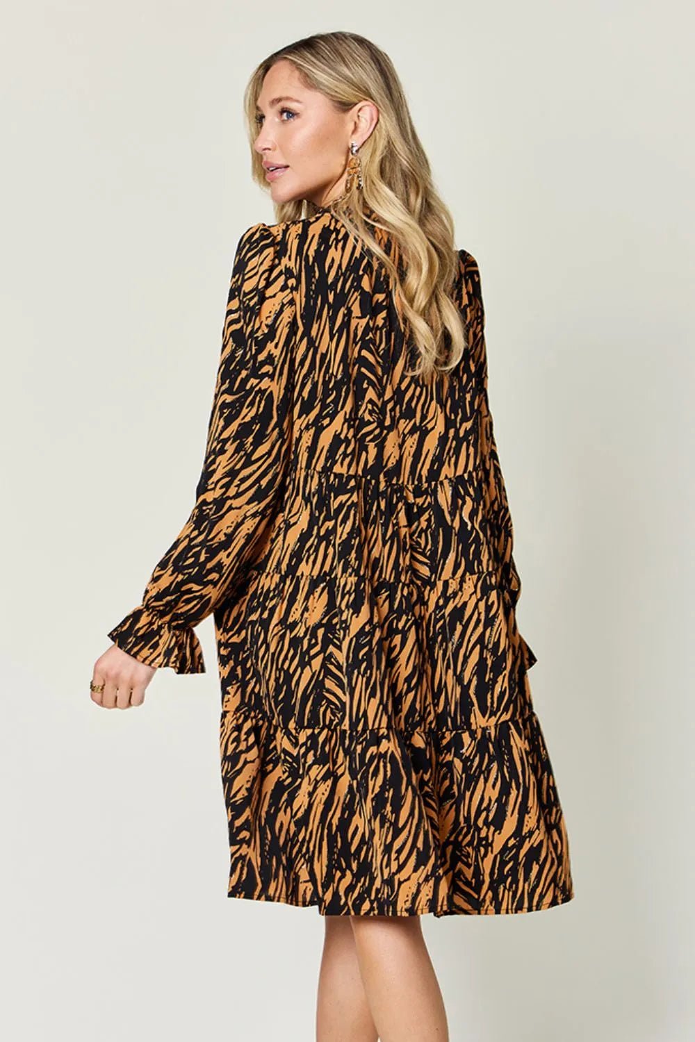 Double Take Full Size Printed Ruffle Hem Long Sleeve Dress - Desert Sunday