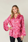 Double Take Full Size Printed Ruffle Trim Balloon Sleeve Shirt - Desert Sunday