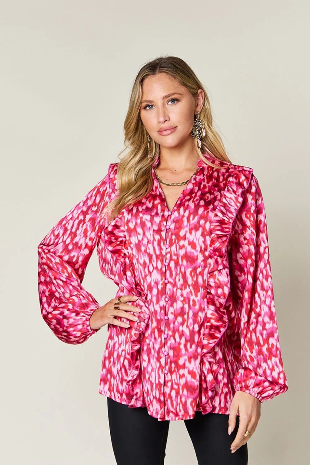 Double Take Full Size Printed Ruffle Trim Balloon Sleeve Shirt - Desert Sunday