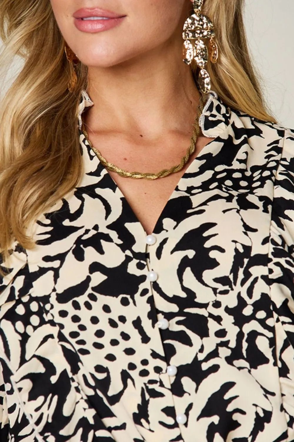 Double Take Full Size Printed Ruffle Trim Balloon Sleeve Shirt - Desert Sunday