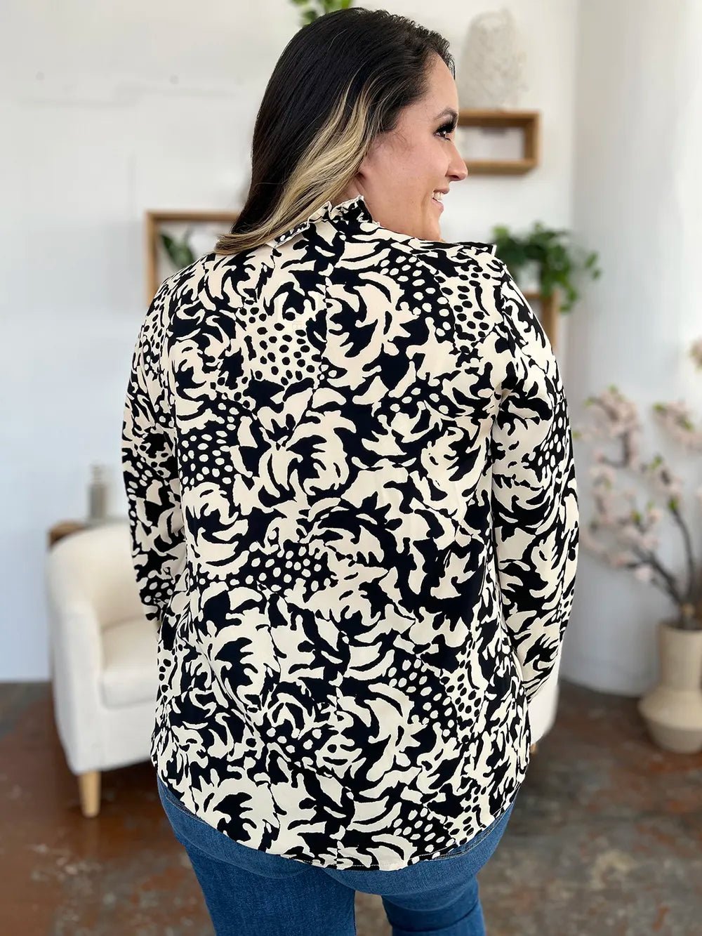 Double Take Full Size Printed Ruffle Trim Balloon Sleeve Shirt - Desert Sunday