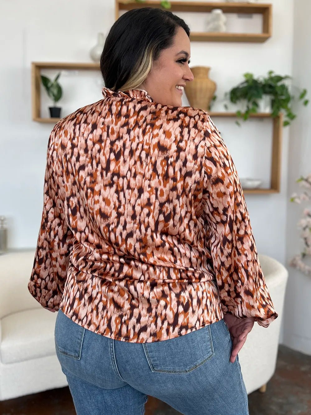 Double Take Full Size Printed Ruffle Trim Balloon Sleeve Shirt - Desert Sunday