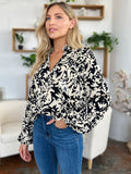 Double Take Full Size Printed Ruffle Trim Balloon Sleeve Shirt - Desert Sunday