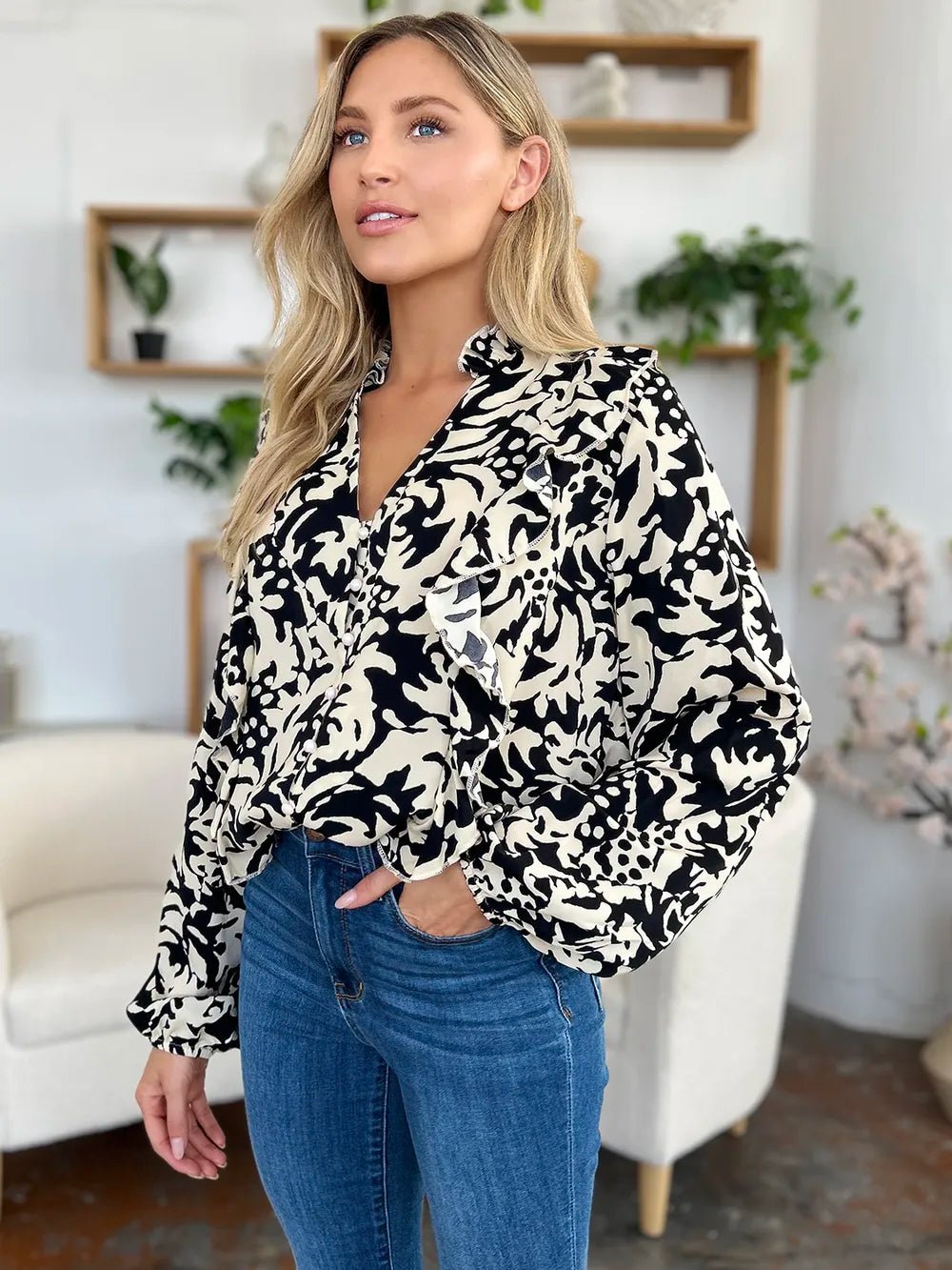 Double Take Full Size Printed Ruffle Trim Balloon Sleeve Shirt - Desert Sunday