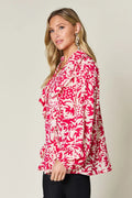 Double Take Full Size Printed Ruffle Trim Balloon Sleeve Shirt - Desert Sunday