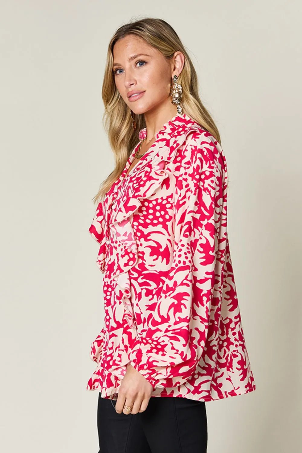 Double Take Full Size Printed Ruffle Trim Balloon Sleeve Shirt - Desert Sunday
