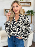 Double Take Full Size Printed Ruffle Trim Balloon Sleeve Shirt - Desert Sunday