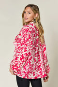 Double Take Full Size Printed Ruffle Trim Balloon Sleeve Shirt - Desert Sunday