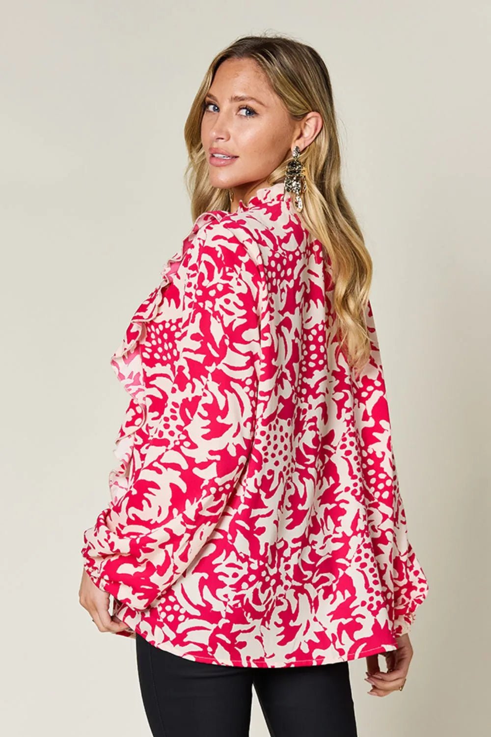 Double Take Full Size Printed Ruffle Trim Balloon Sleeve Shirt - Desert Sunday