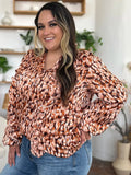 Double Take Full Size Printed Ruffle Trim Balloon Sleeve Shirt - Desert Sunday