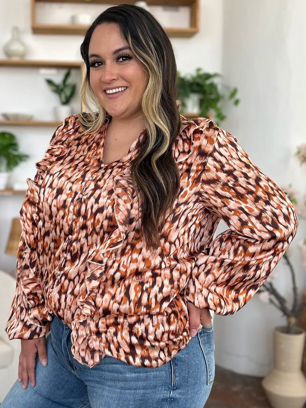 Double Take Full Size Printed Ruffle Trim Balloon Sleeve Shirt - Desert Sunday