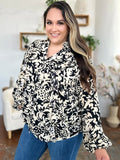 Double Take Full Size Printed Ruffle Trim Balloon Sleeve Shirt - Desert Sunday