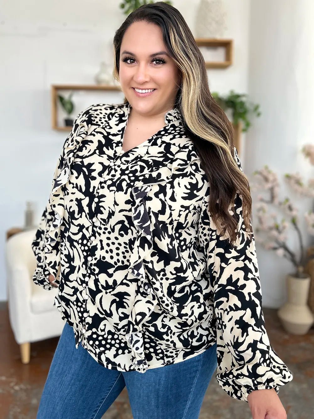 Double Take Full Size Printed Ruffle Trim Balloon Sleeve Shirt - Desert Sunday