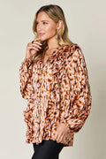 Double Take Full Size Printed Ruffle Trim Balloon Sleeve Shirt - Desert Sunday
