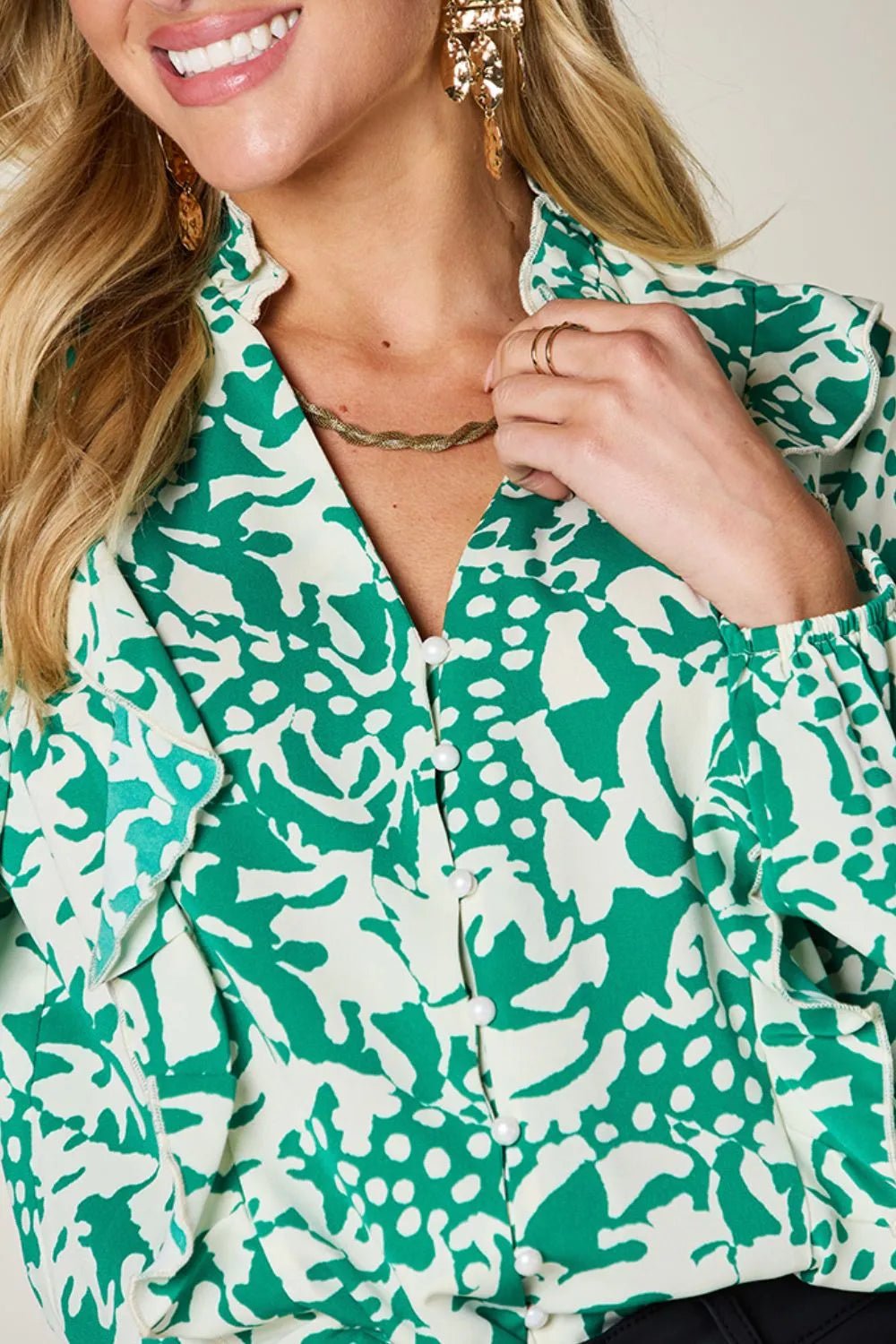 Double Take Full Size Printed Ruffle Trim Balloon Sleeve Shirt - Desert Sunday