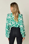 Double Take Full Size Printed Ruffle Trim Balloon Sleeve Shirt - Desert Sunday