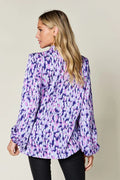 Double Take Full Size Printed Ruffle Trim Balloon Sleeve Shirt - Desert Sunday