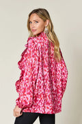 Double Take Full Size Printed Ruffle Trim Balloon Sleeve Shirt - Desert Sunday