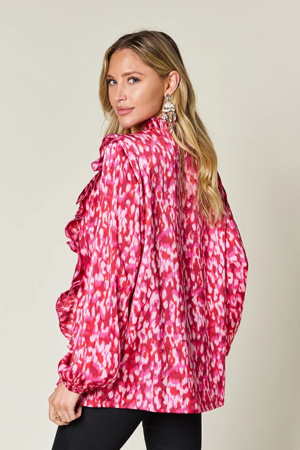 Double Take Full Size Printed Ruffle Trim Balloon Sleeve Shirt - Desert Sunday