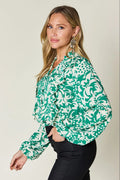 Double Take Full Size Printed Ruffle Trim Balloon Sleeve Shirt - Desert Sunday