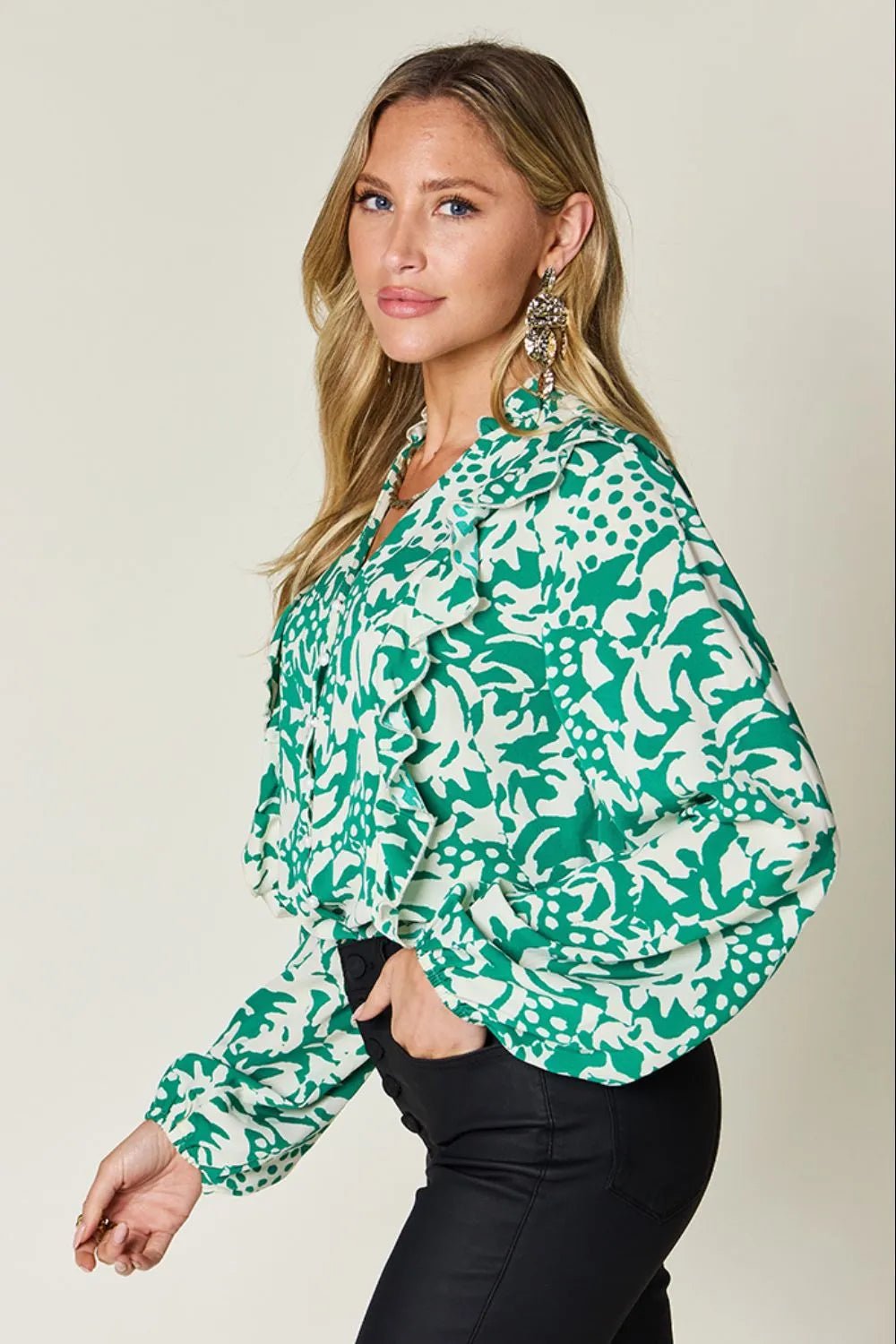 Double Take Full Size Printed Ruffle Trim Balloon Sleeve Shirt - Desert Sunday