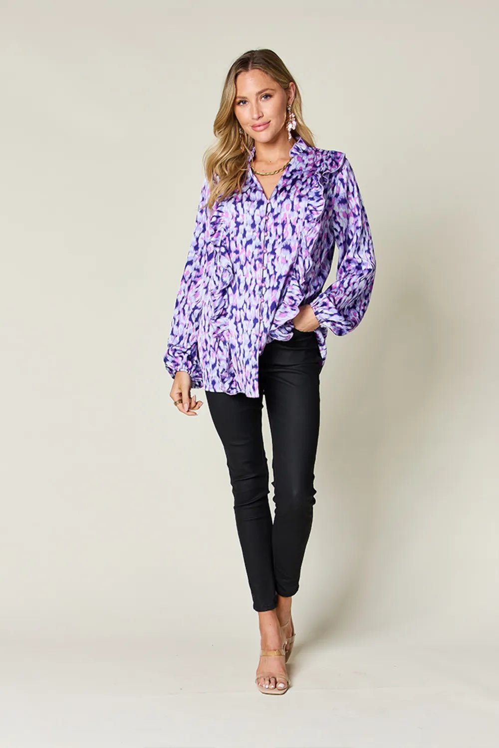 Double Take Full Size Printed Ruffle Trim Balloon Sleeve Shirt - Desert Sunday