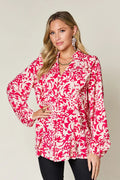 Double Take Full Size Printed Ruffle Trim Balloon Sleeve Shirt - Desert Sunday