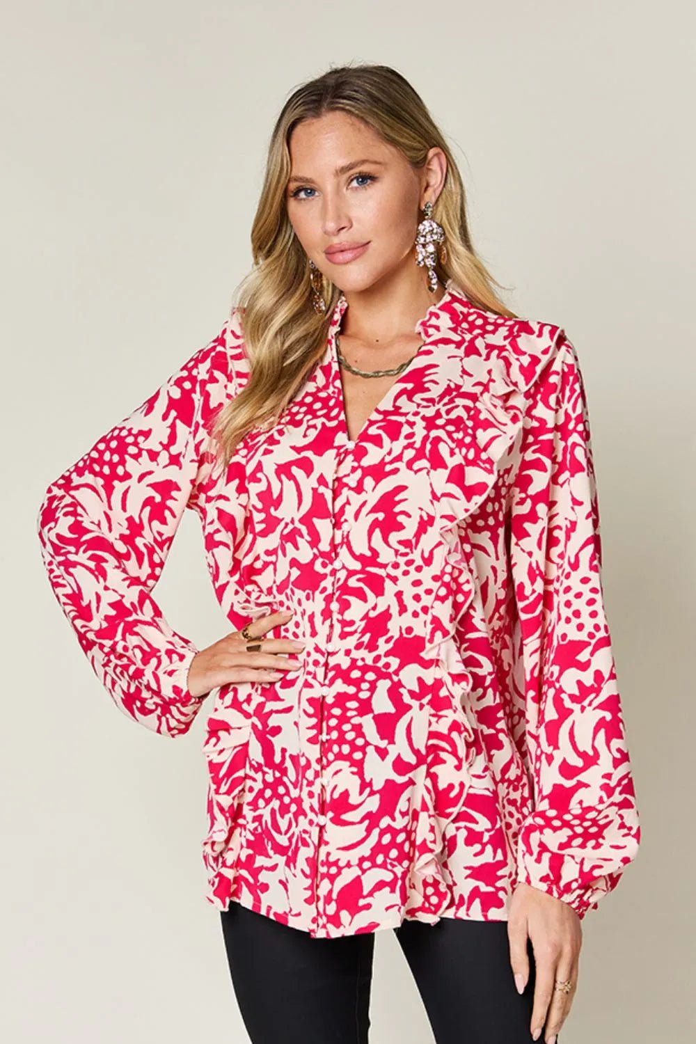 Double Take Full Size Printed Ruffle Trim Balloon Sleeve Shirt - Desert Sunday