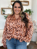 Double Take Full Size Printed Ruffle Trim Balloon Sleeve Shirt - Desert Sunday