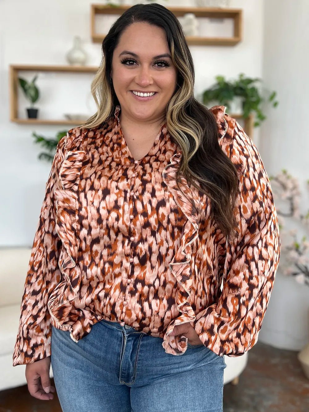 Double Take Full Size Printed Ruffle Trim Balloon Sleeve Shirt - Desert Sunday