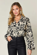 Double Take Full Size Printed Ruffle Trim Balloon Sleeve Shirt - Desert Sunday