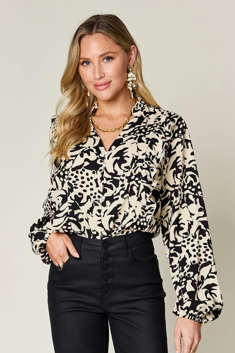 Double Take Full Size Printed Ruffle Trim Balloon Sleeve Shirt - Desert Sunday