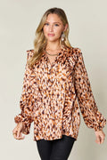 Double Take Full Size Printed Ruffle Trim Balloon Sleeve Shirt - Desert Sunday