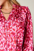 Double Take Full Size Printed Ruffle Trim Balloon Sleeve Shirt - Desert Sunday