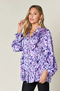 Double Take Full Size Printed Ruffle Trim Balloon Sleeve Shirt - Desert Sunday