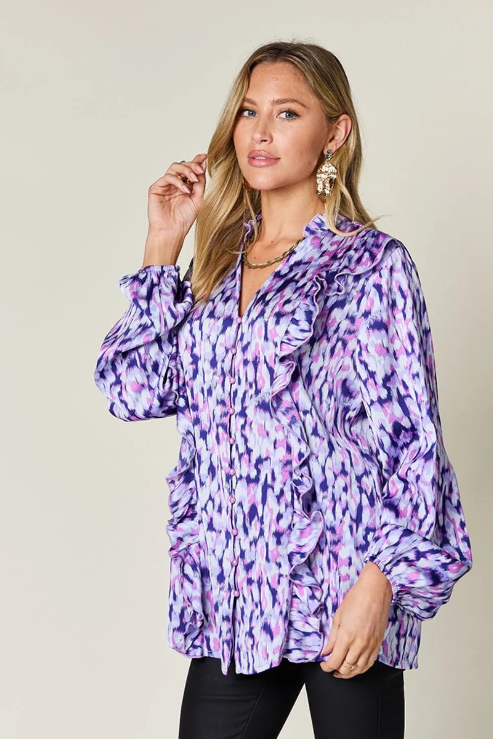 Double Take Full Size Printed Ruffle Trim Balloon Sleeve Shirt - Desert Sunday