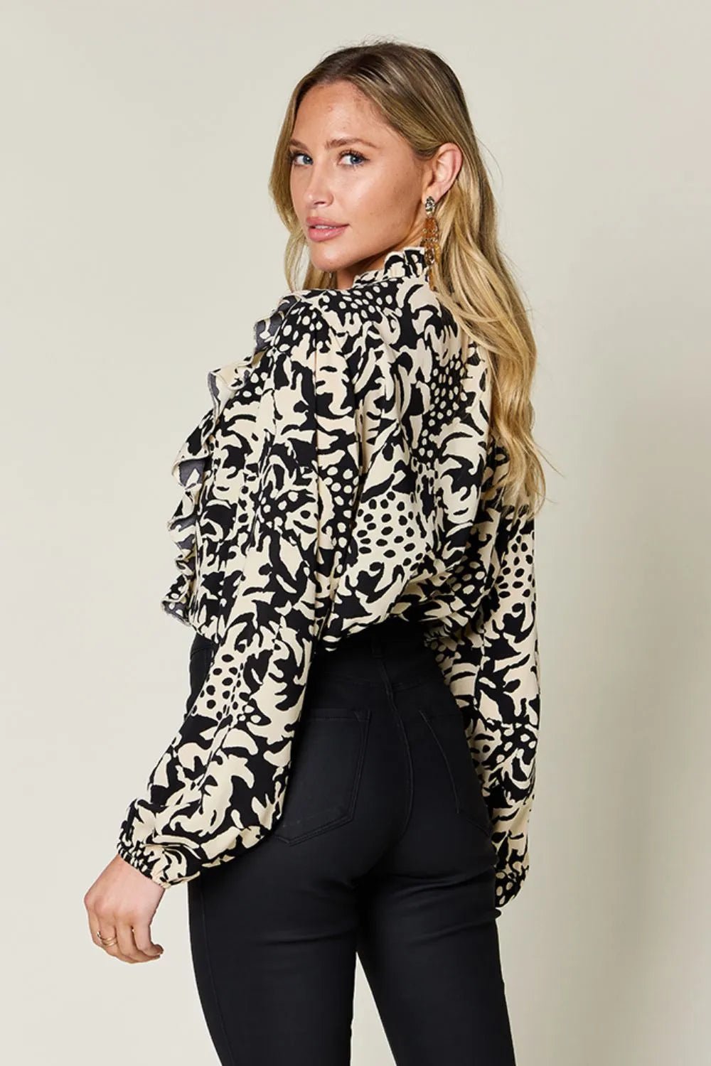 Double Take Full Size Printed Ruffle Trim Balloon Sleeve Shirt - Desert Sunday