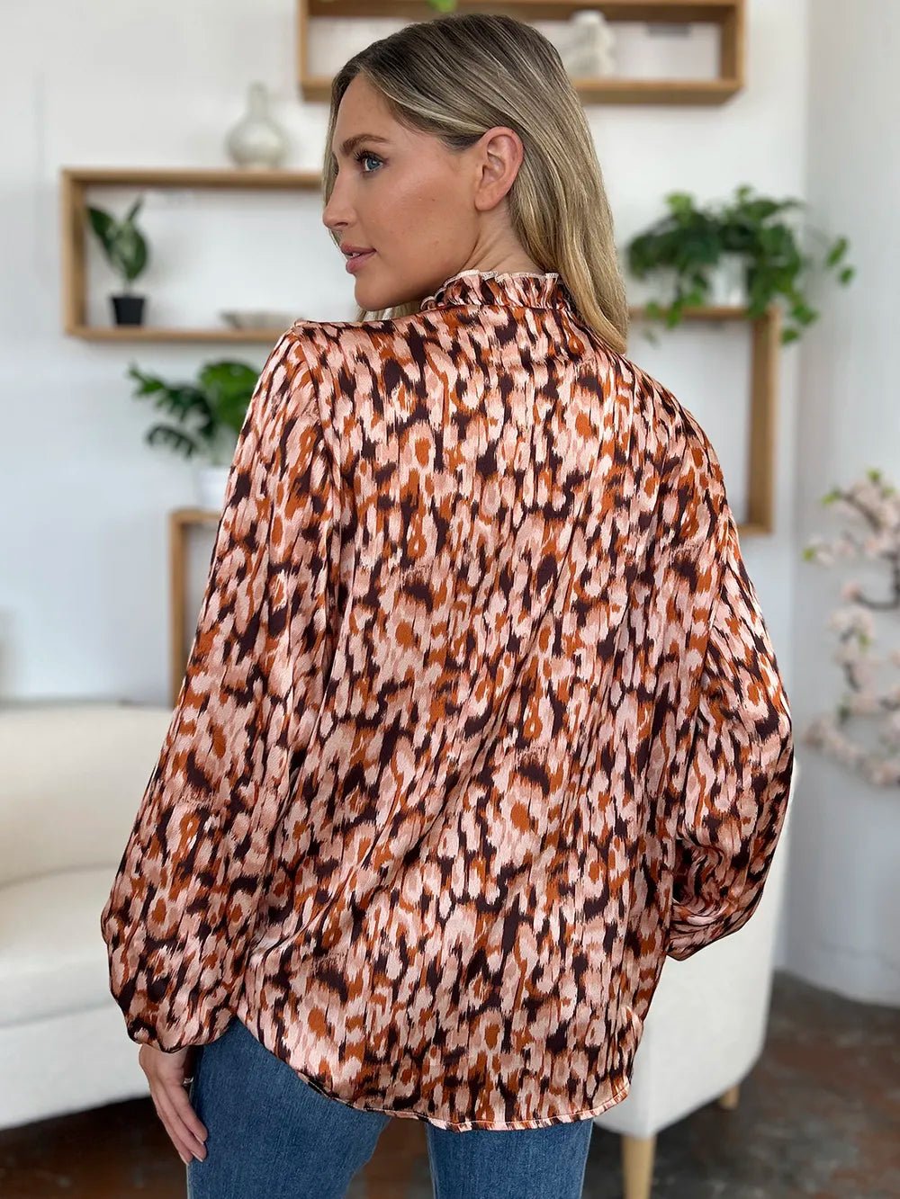 Double Take Full Size Printed Ruffle Trim Balloon Sleeve Shirt - Desert Sunday