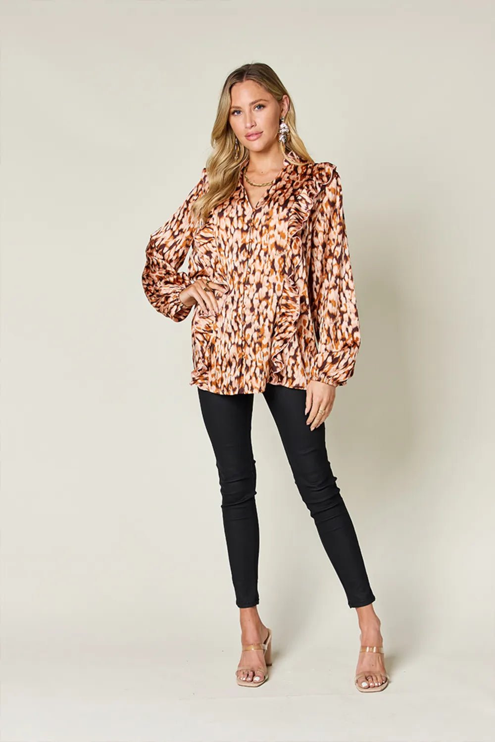 Double Take Full Size Printed Ruffle Trim Balloon Sleeve Shirt - Desert Sunday
