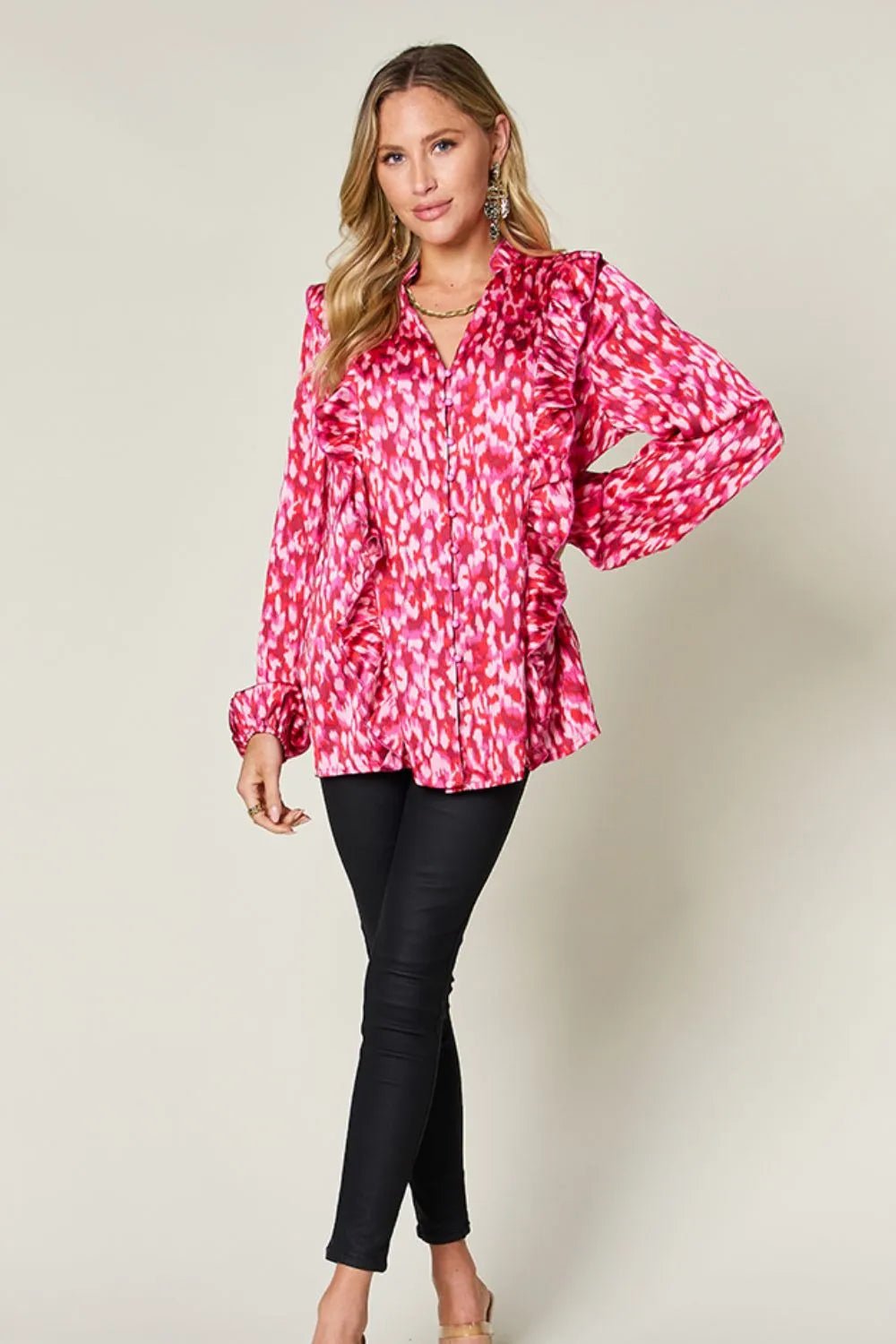Double Take Full Size Printed Ruffle Trim Balloon Sleeve Shirt - Desert Sunday