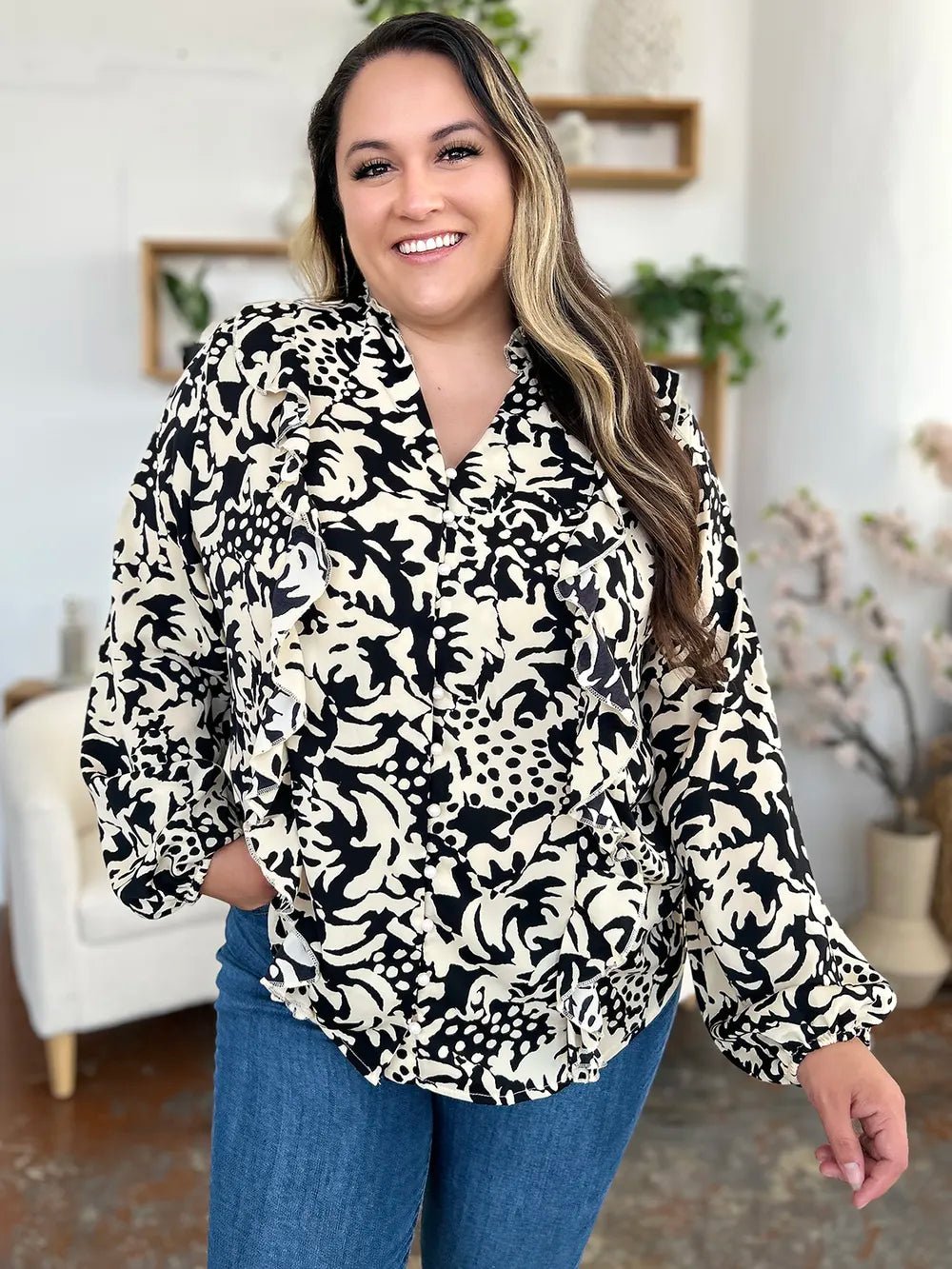 Double Take Full Size Printed Ruffle Trim Balloon Sleeve Shirt - Desert Sunday
