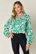 Double Take Full Size Printed Ruffle Trim Balloon Sleeve Shirt - Desert Sunday